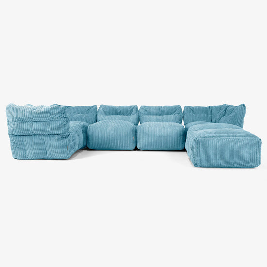 5 Piece Closed Chaise Modular Sofa Set - Cord Aegean Blue 01