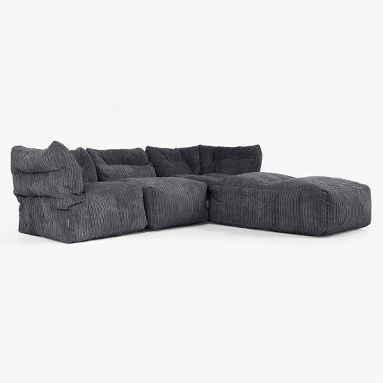 3 Piece Closed Chaise Modular Sofa Set - Cord Black 02