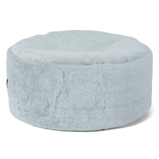 Large Round Footstool - Fluffy Faux Fur Rabbit Dusty Blue 01