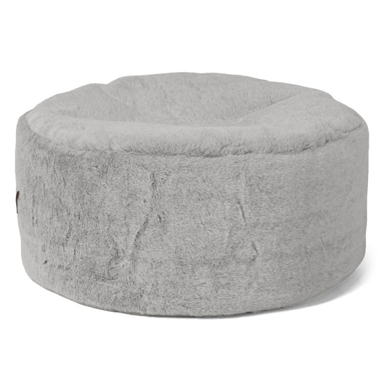 Large Round Footstool - Fluffy Faux Fur Rabbit Light Grey 01