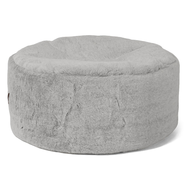 Large Round Footstool - Fluffy Faux Fur Rabbit Light Grey 01