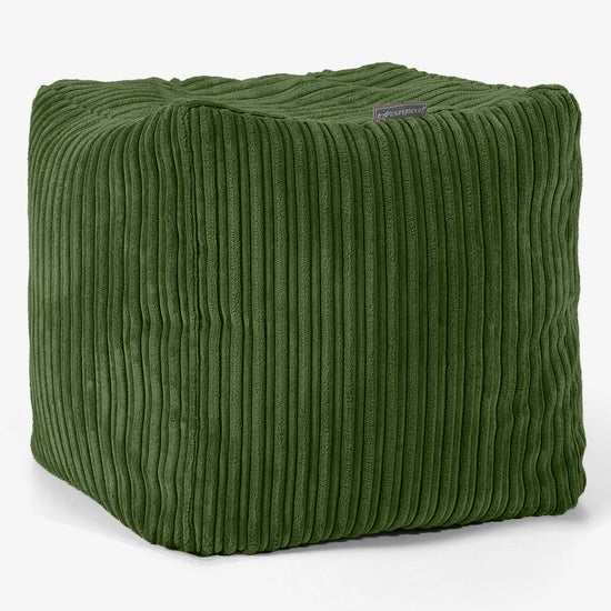 Cube Footstool Pouffe - Cord Forest Green 01