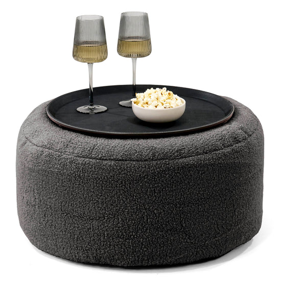 Ottoman Pouf with a Serving Tray - Boucle Graphite Grey 01