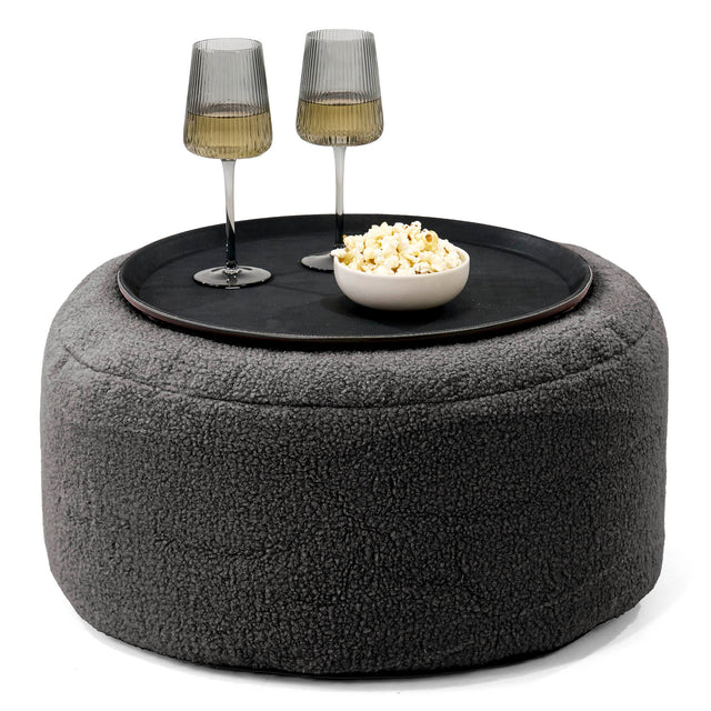 Ottoman Pouf with a Serving Tray - Boucle Graphite Grey 01