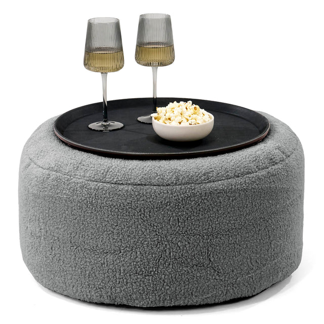 Ottoman Pouf with a Serving Tray - Boucle Grey 01