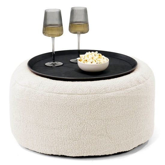 Ottoman Pouf with a Serving Tray - Boucle Ivory 01