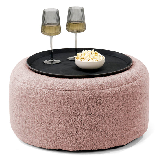 Ottoman Pouf with a Serving Tray - Boucle Pink 01