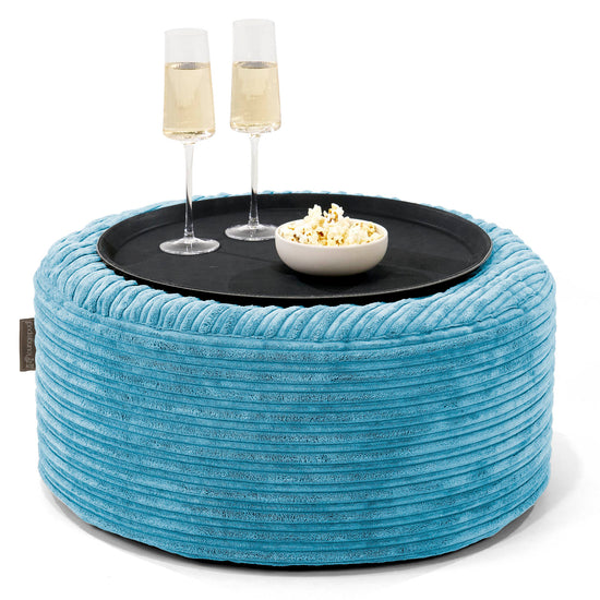 Ottoman Pouf with a Serving Tray - Cord Aegean Blue 01