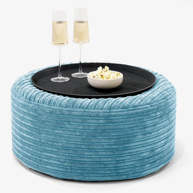 Ottoman Pouf with a Serving Tray - Cord Aegean Blue 01