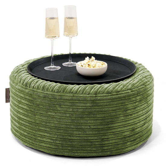 Ottoman Pouf with a Serving Tray - Cord Forest Green 01