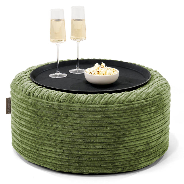 Ottoman Pouf with a Serving Tray - Cord Forest Green 01
