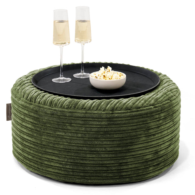 Ottoman Pouf with a Serving Tray - Cord Forest Green 01