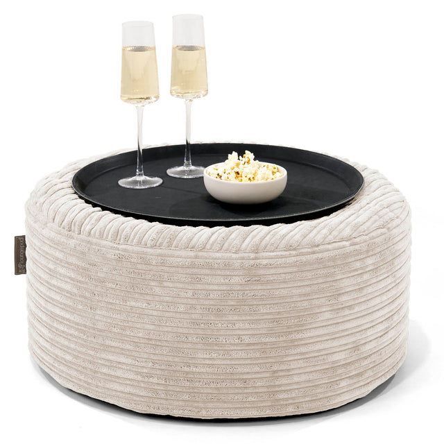 Ottoman Pouf with a Serving Tray - Cord Ivory 01