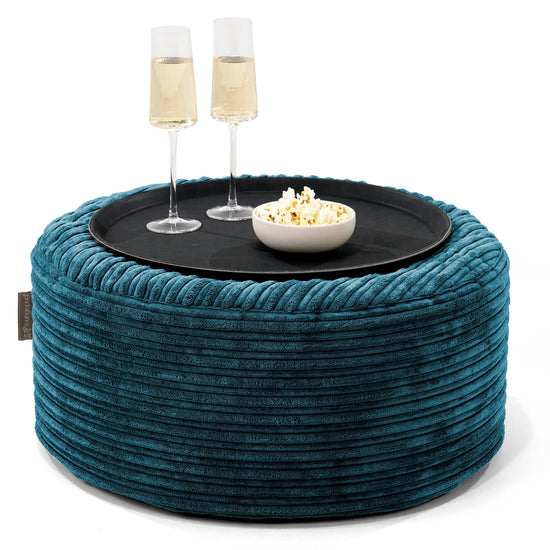Ottoman Pouf with a Serving Tray - Cord Teal Blue 01