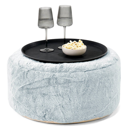 Ottoman Pouf with a Serving Tray - Fluffy Faux Fur Rabbit Dusty Blue 01