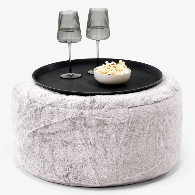 Ottoman Pouf with a Serving Tray - Fluffy Faux Fur Rabbit Light Grey 01