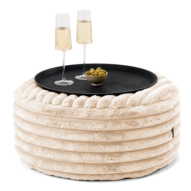 Ottoman Pouf with a Serving Tray - Ultra Plush Cord Cream 01