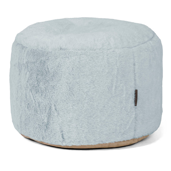 Small Round Footstool - Fluffy Faux Fur Rabbit Dusty Blue 01