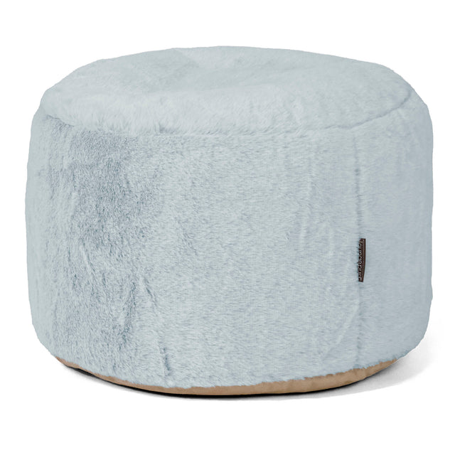 Small Round Footstool - Fluffy Faux Fur Rabbit Dusty Blue 01