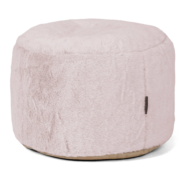 Small Round Footstool - Fluffy Faux Fur Rabbit Dusty Pink 01