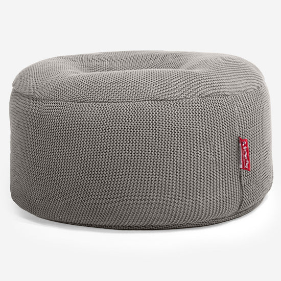 LOUNGE PUG - ELLOS KNIT - Large Hassock POUFFE - Footstool - Round - GREY - (Size 30cm H x 70cm Dia)