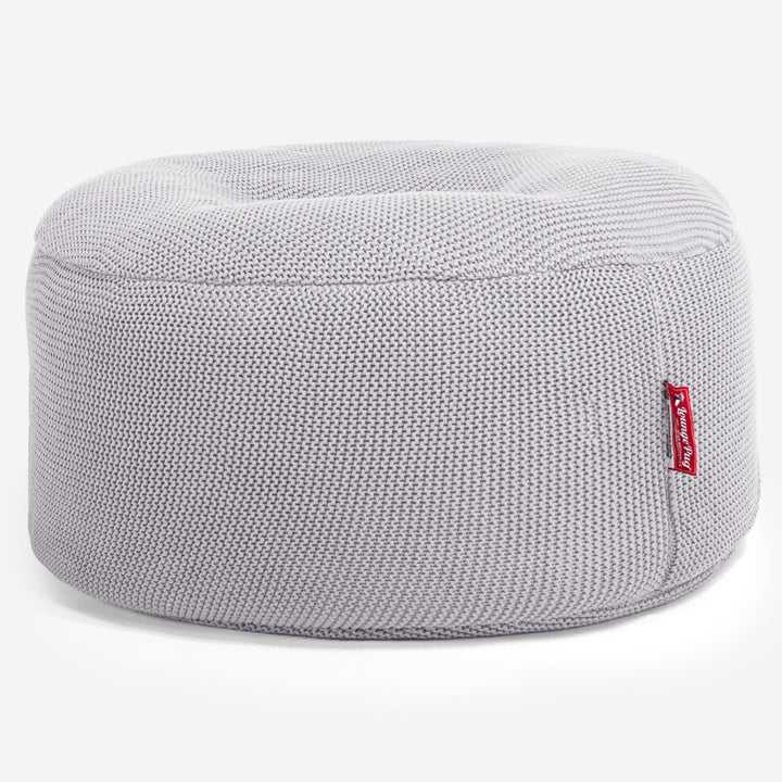LOUNGE PUG - ELLOS KNIT - Large Hassock POUFFE - Footstool - Round - LIGHT GREY - (Size 30cm H x 70cm Dia)