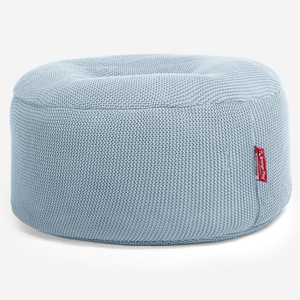 LOUNGE PUG - ELLOS KNIT - Large Hassock POUFFE - Footstool - Round - MISTY BLUE - (Size 30cm H x 70cm Dia)