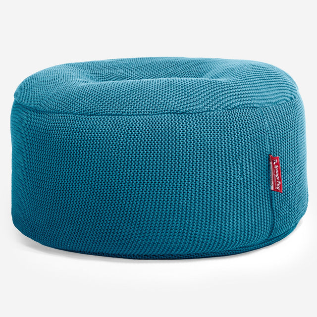 LOUNGE PUG - ELLOS KNIT - Large Hassock POUFFE - Footstool - Round - PETROL BLUE - (Size 30cm H x 70cm Dia)
