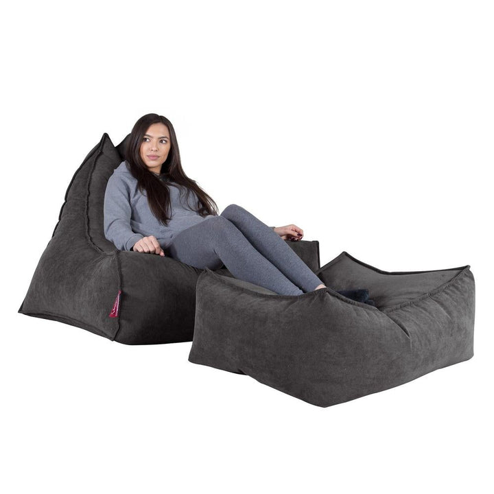 LOUNGE PUG - FLOCK - Bean Bag Footstool - Large - Graphite - (Size 25cm H x 40cm D x 70cm Wide)