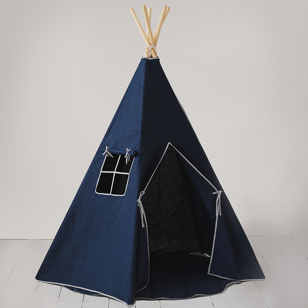 Children's Navy Blue Indoor Linen Teepee Tent Fabric Close-up Image