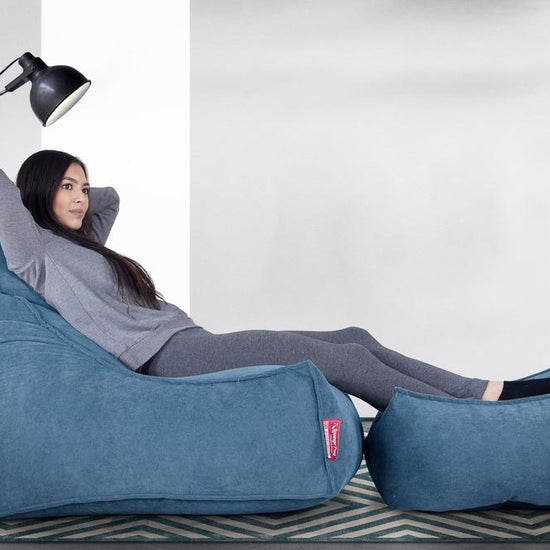 LOUNGE PUG - FLOCK - Bean Bag Footstool - Large - Aegean Blue - (Size 25cm H x 40cm D x 70cm Wide)