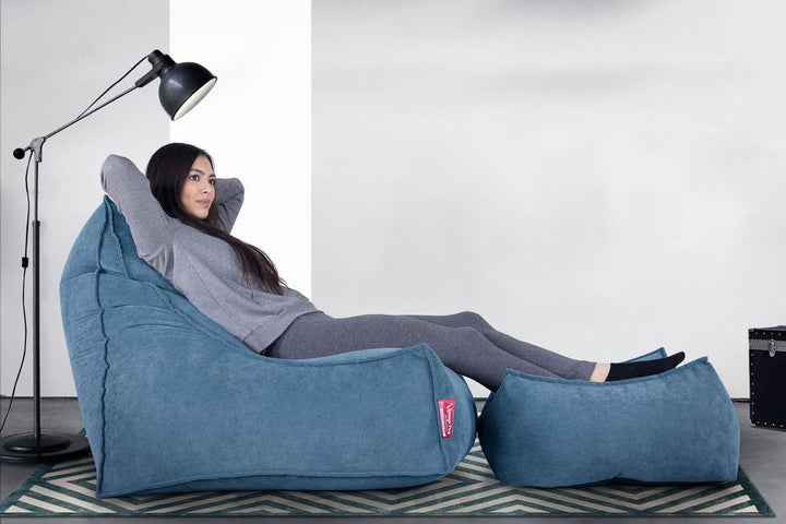 LOUNGE PUG - FLOCK - Bean Bag Footstool - Large - Aegean Blue - (Size 25cm H x 40cm D x 70cm Wide)