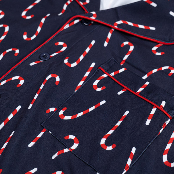 Men's Navy Candy Cane Stripe Pyjamas Fabric Close-up Image