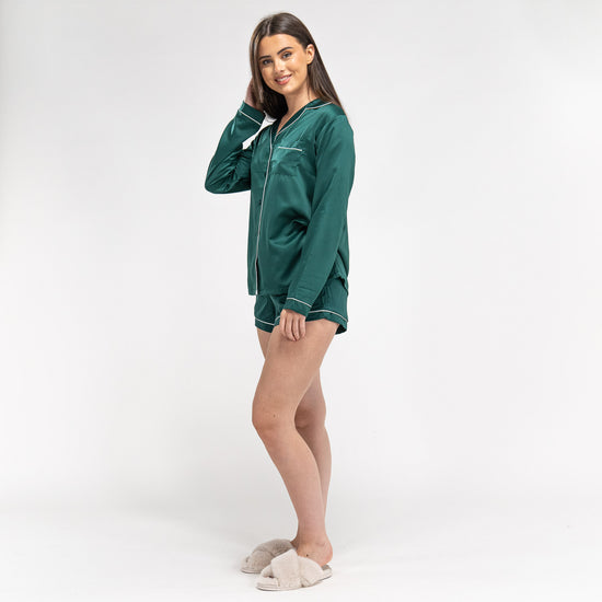 Women's Emerald Green Satin Short Pyjamas 02