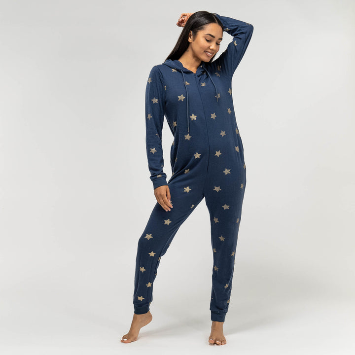 Women's Navy and Gold Star Printed Jersey Onesie 04