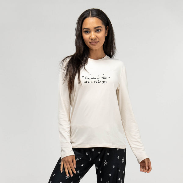 Women's Stars Slogan Jersey Pyjamas Fabric Close-up Image