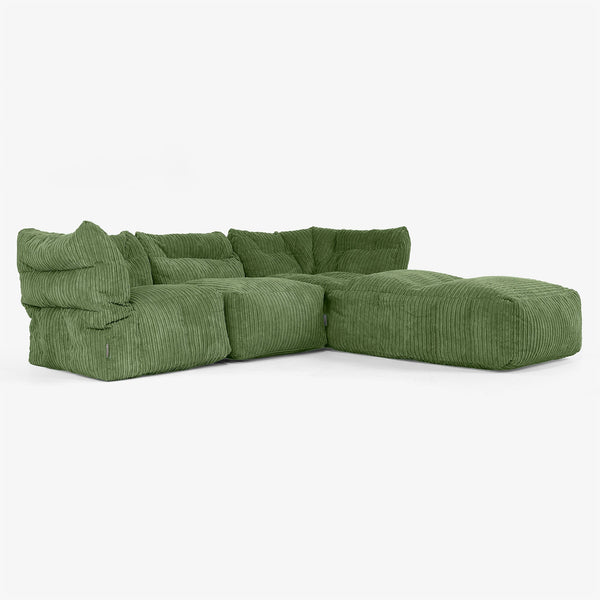 3 Piece Closed Chaise Modular Sofa Set - Cord Forest Green 01