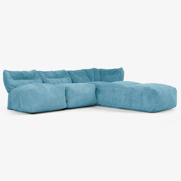 3 Piece Open Chaise Modular Sofa Set - Cord Aegean Blue 01