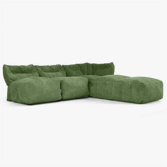3 Piece Open Chaise Modular Sofa Set - Cord Forest Green 02