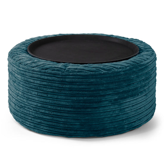 Ottoman Pouf with a Serving Tray - Cord Teal Blue 02
