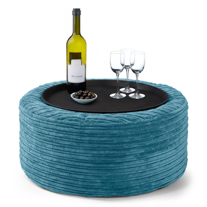 Ottoman Pouf with a Serving Tray - Cord Aegean Blue 01