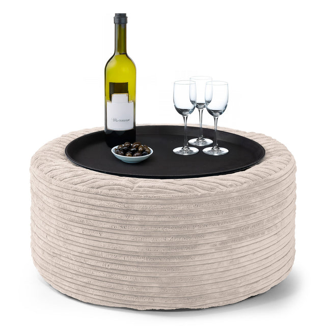 Ottoman Pouf with a Serving Tray - Cord Ivory 01
