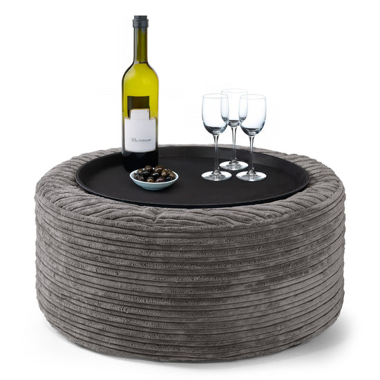 Ottoman Pouf with a Serving Tray - Cord Graphite Grey 01