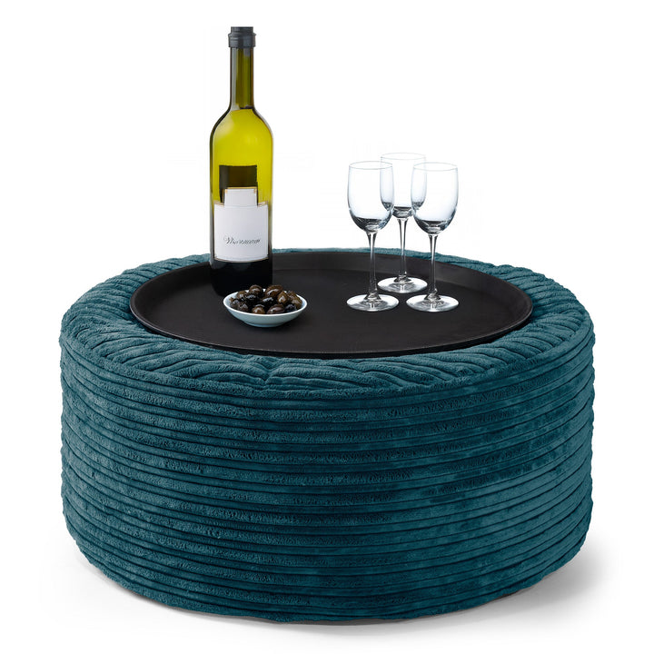 Ottoman Pouf with a Serving Tray - Cord Teal Blue 01