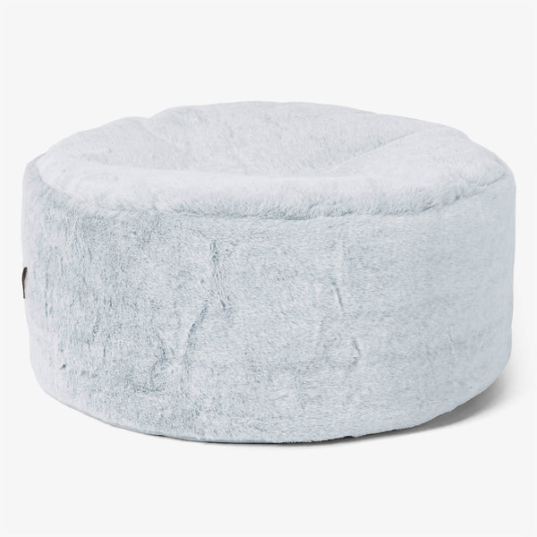 Large Round Footstool - Fluffy Faux Fur Rabbit Dusty Blue 01