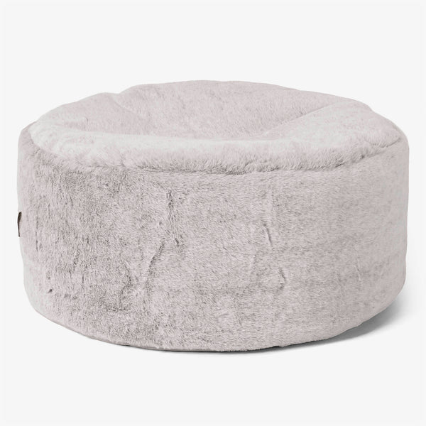 Large Round Footstool - Fluffy Faux Fur Rabbit Light Grey 01