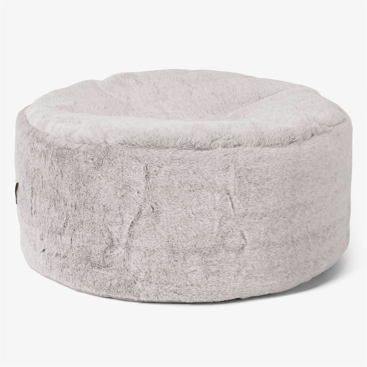 Large Round Footstool - Fluffy Faux Fur Rabbit Light Grey 01