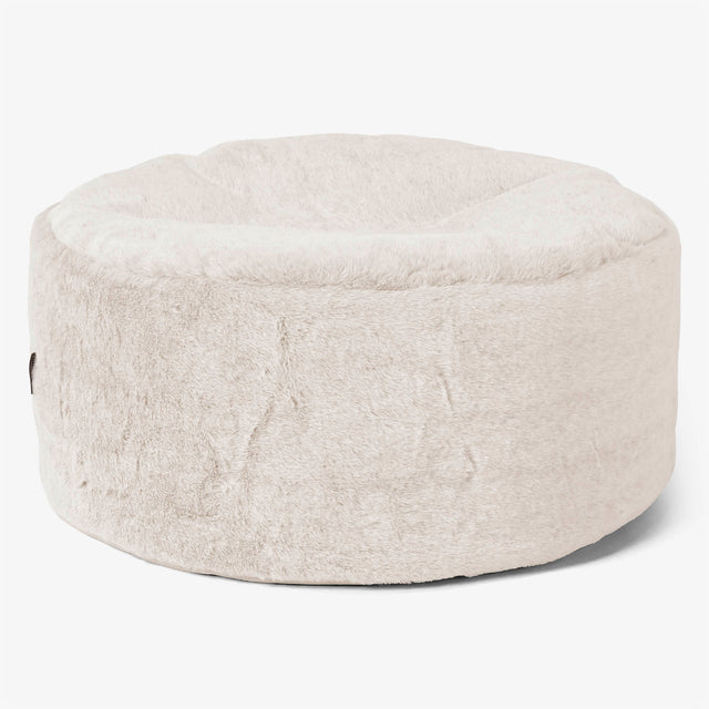Large Round Footstool - Fluffy Faux Fur Rabbit White 01