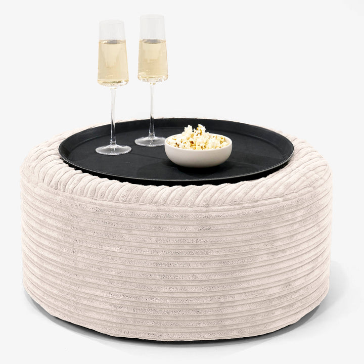 Ottoman Pouf with a Serving Tray - Cord Ivory 01