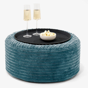 Ottoman Pouf with a Serving Tray - Cord Teal Blue